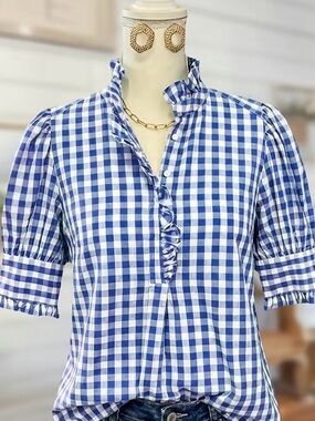 Blue Gingham Ruffle-Trim Button-Down Shirt - Women